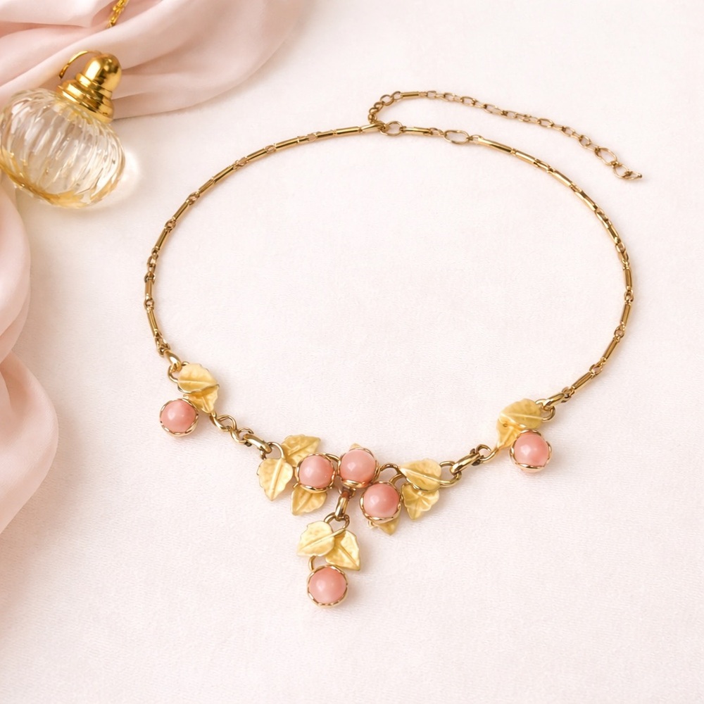 Vintage Pink Moonglow Necklace Gold Tone Floral 1950s Lucite Mid Century